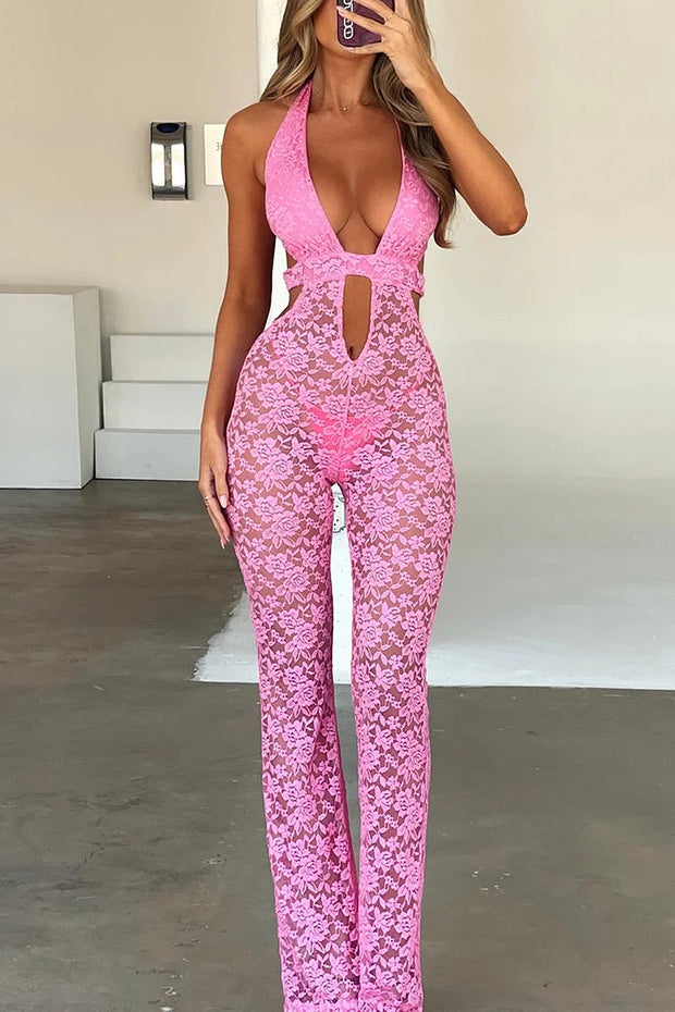 Irregular Halter Backless Tied Up Floral Jacquard Lace Party Slim-Fit Jumpsuit-Pink [Pre Order]
