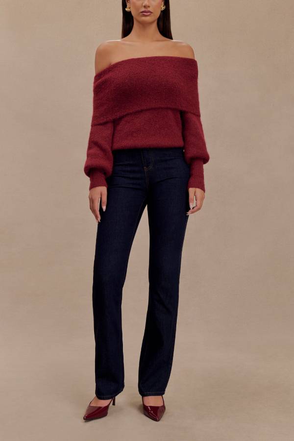 Charlotte Knit Bardot Neck Off Shoulder Long Sleeve Relaxed Sweater
