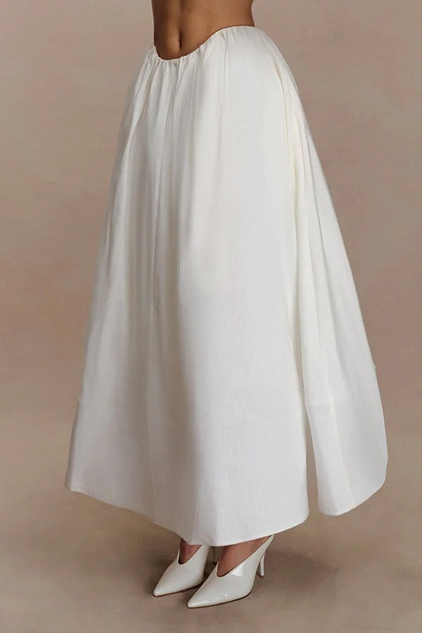 Greta Linen Blend Bra-style Gathered Long Sleeve Crop Shirt and Mid Rise Pocket Umbrella Skirt Set