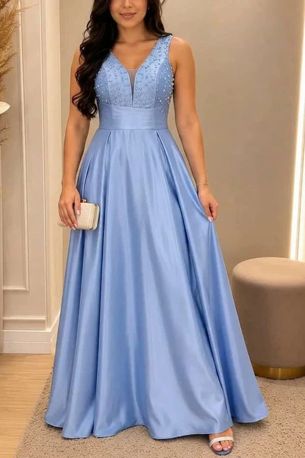 Grand Ball Satin Beadwork Details V-neck Pleated Hem Gown Maxi Dress