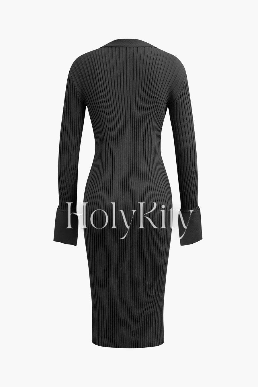 Midikleid aus Rippstrick mit Kragen und Knopfleiste