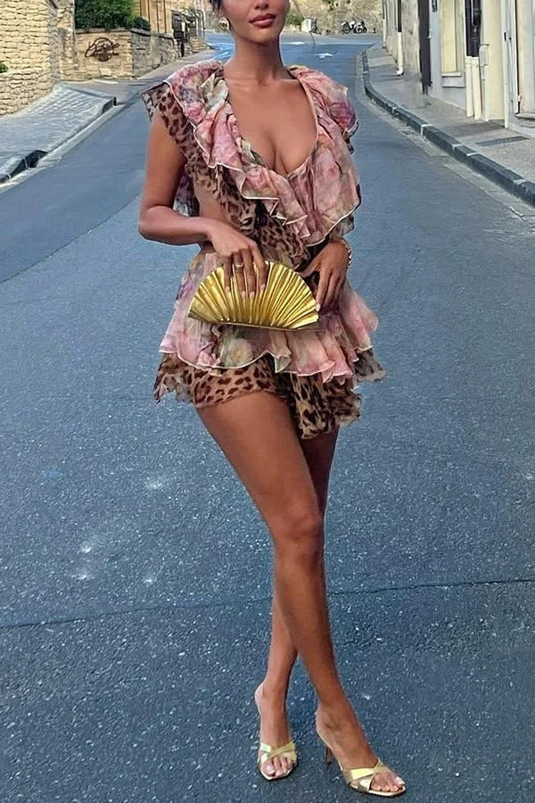 Dreamy Island Floral Leopard Print Cutout Waist Tiered Ruffles Mini Dress