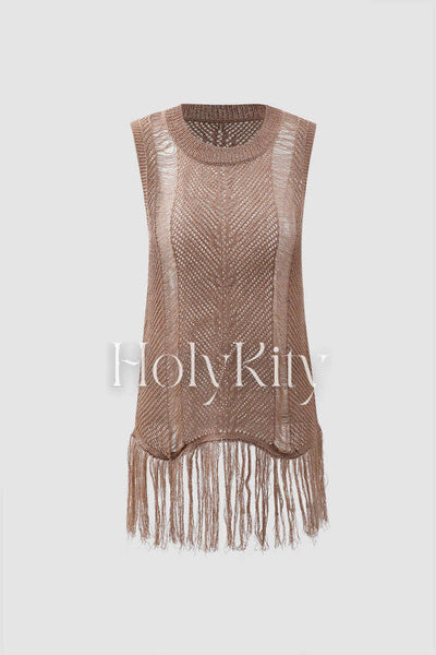 Fringe Hem Openwork Knit Tank Top