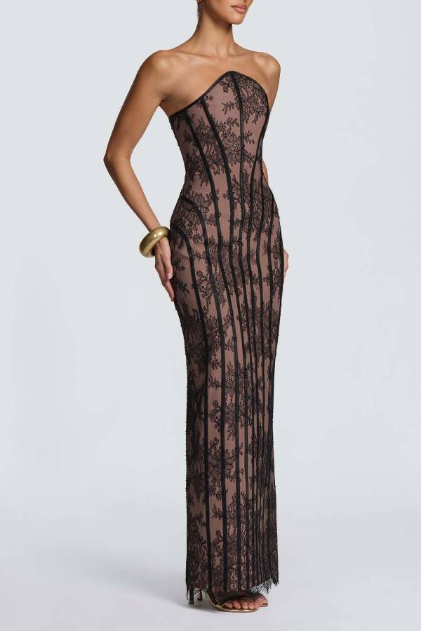 Strapless Lace Corset Lace‑Up Back Maxi Evening Gown