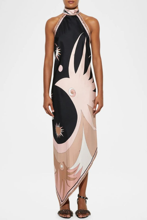 Satin Unique Print Halter Neck Backless Irregular Vacation Midi Dress