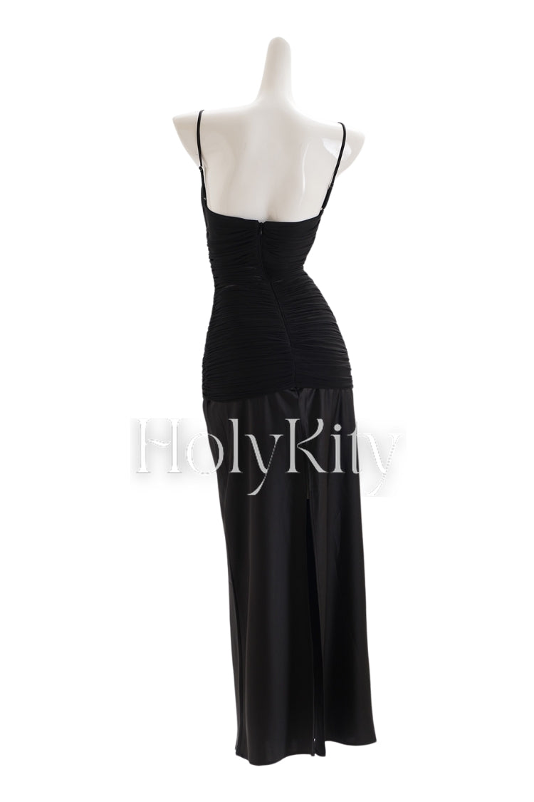 Slit suspender gauze pleated tie-dye dress