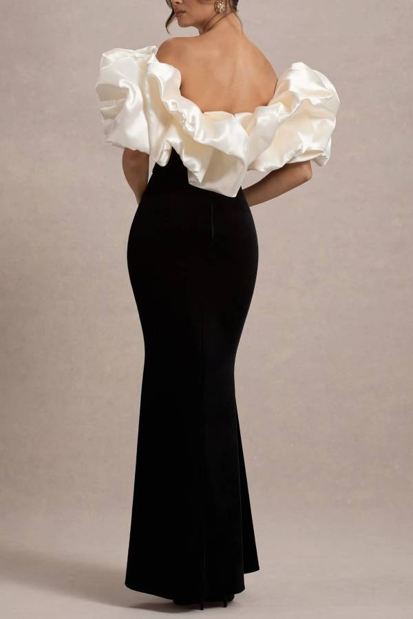 Cecily Velvet Off Shoulder Satin Structured Bardot Neck Stretch Maxi Dress