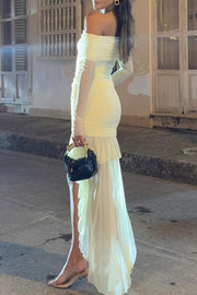 Off Shoulder Long Sleeve Ruched High-Low Maxi Dresses-Yellow [Pre Order]