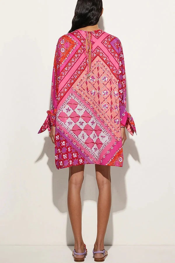 Micah Satin Unique Print Slit Tie-up Sleeve Shift Kaftan Mini Dress