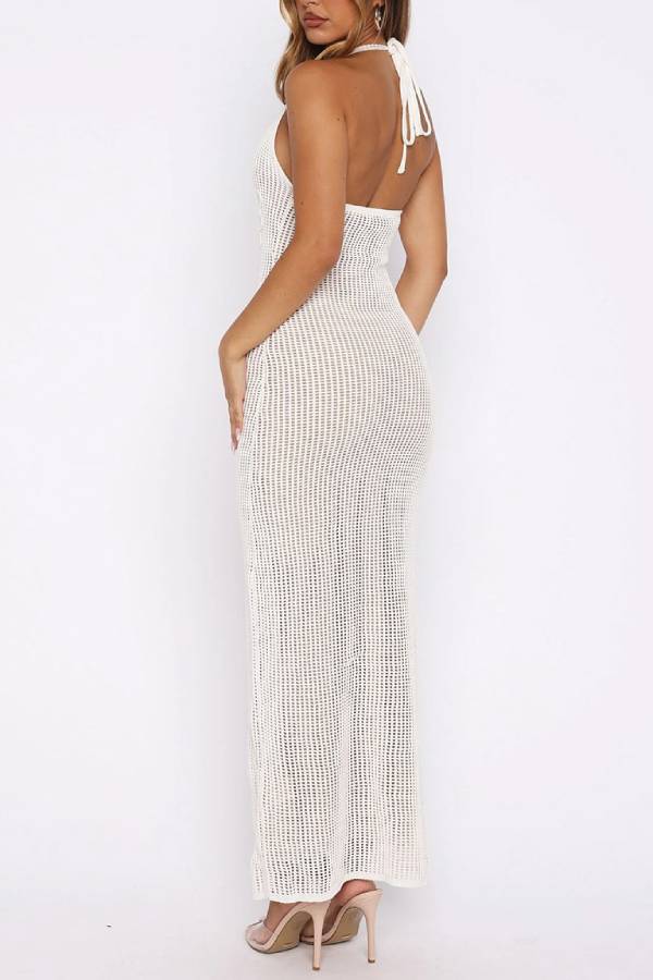 Halter Neck Hollow-Out Knit Dress with 3D Floral Embroidery