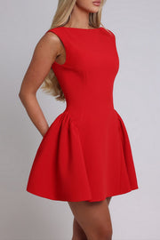 Solid Color Cinch Waist Open Back Mini Tank Dresses-Red