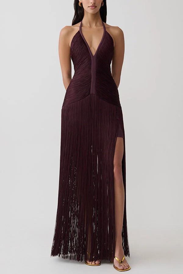 Rhythmic Aesthetic Appeal Tassel Helter V-neck Sleeveless Drape Hem Maxi Dress