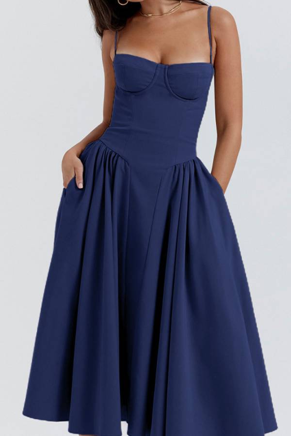 French Corset Spaghetti Strap Full Skirt Midi Dress