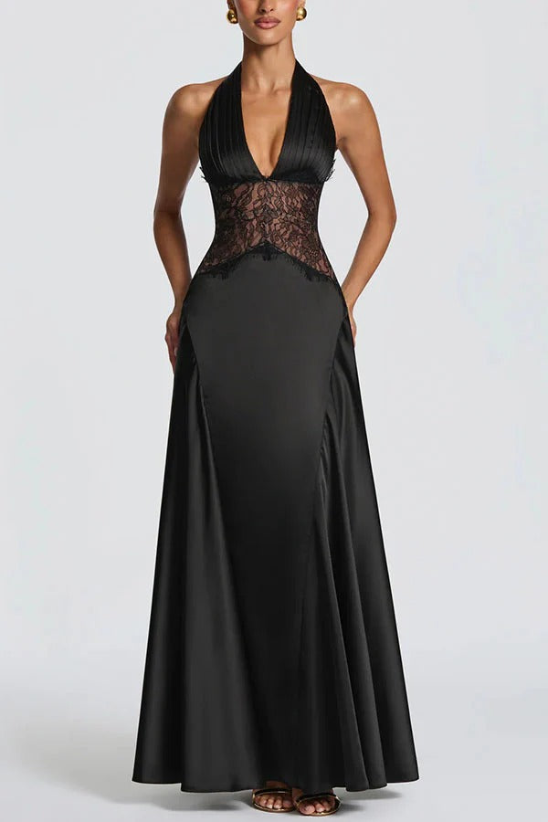 Virella Satin Lace Waist Pleated Halter Neck Straps Back Lace-up Maxi Dress