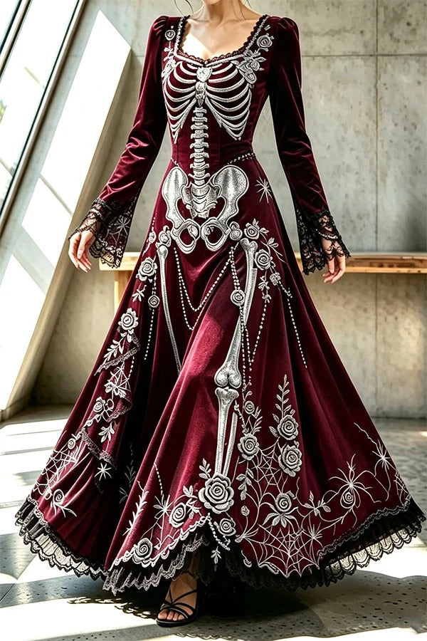 Royal-style Halloween Skull Print Square Neck Long Sleeve Flare Maxi Dress