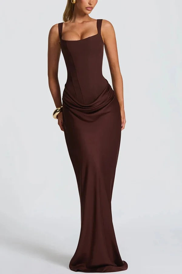 Larrah Square Neck Back Lace-up Satin Drape Hem Maxi Dress