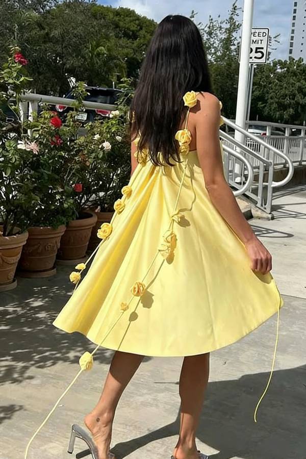 Playful and Flattering Silhouette 3D Rose Drape Straps A-line Mini Dress