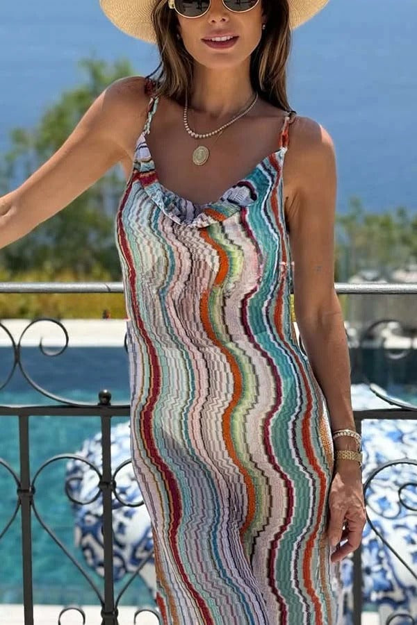 Clarissa Knit Colorful Wave Print Cowl Neck Open Back Slit Maxi Dress