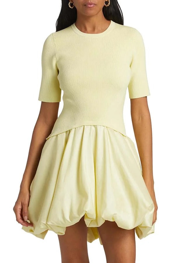 Simply Sweet Knit Ribbed Short Sleeve Bubble Hem Mini Dress