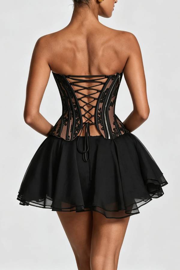 Strapless Lace Corset Tulle Mini Skirt Two Piece Set