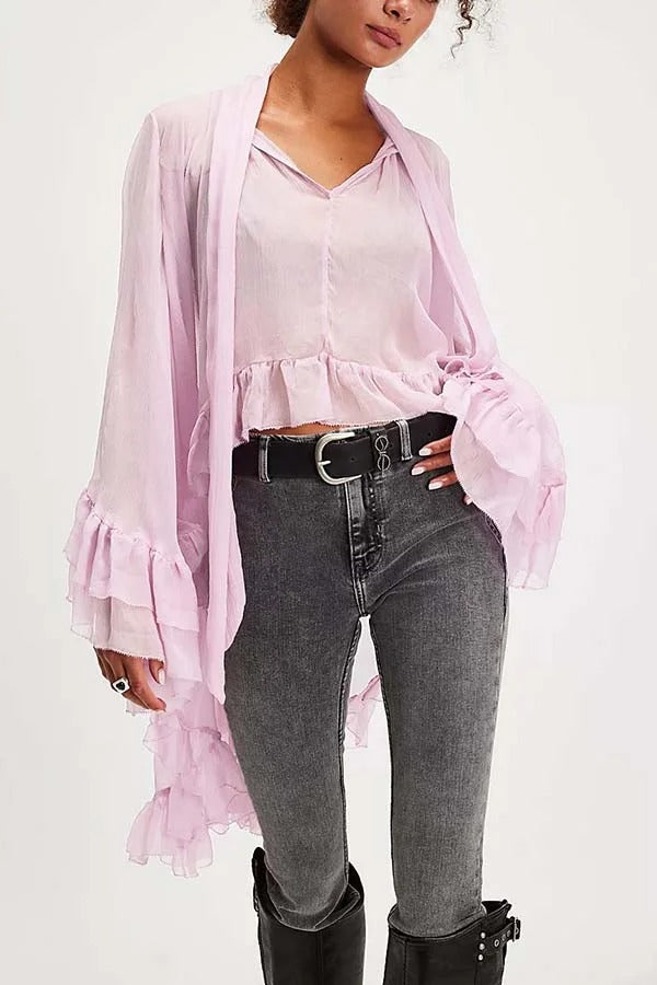 Flowy See-through Ruffle Tie-up Neck Bell Sleeve High-low Hem Cape Shirt
