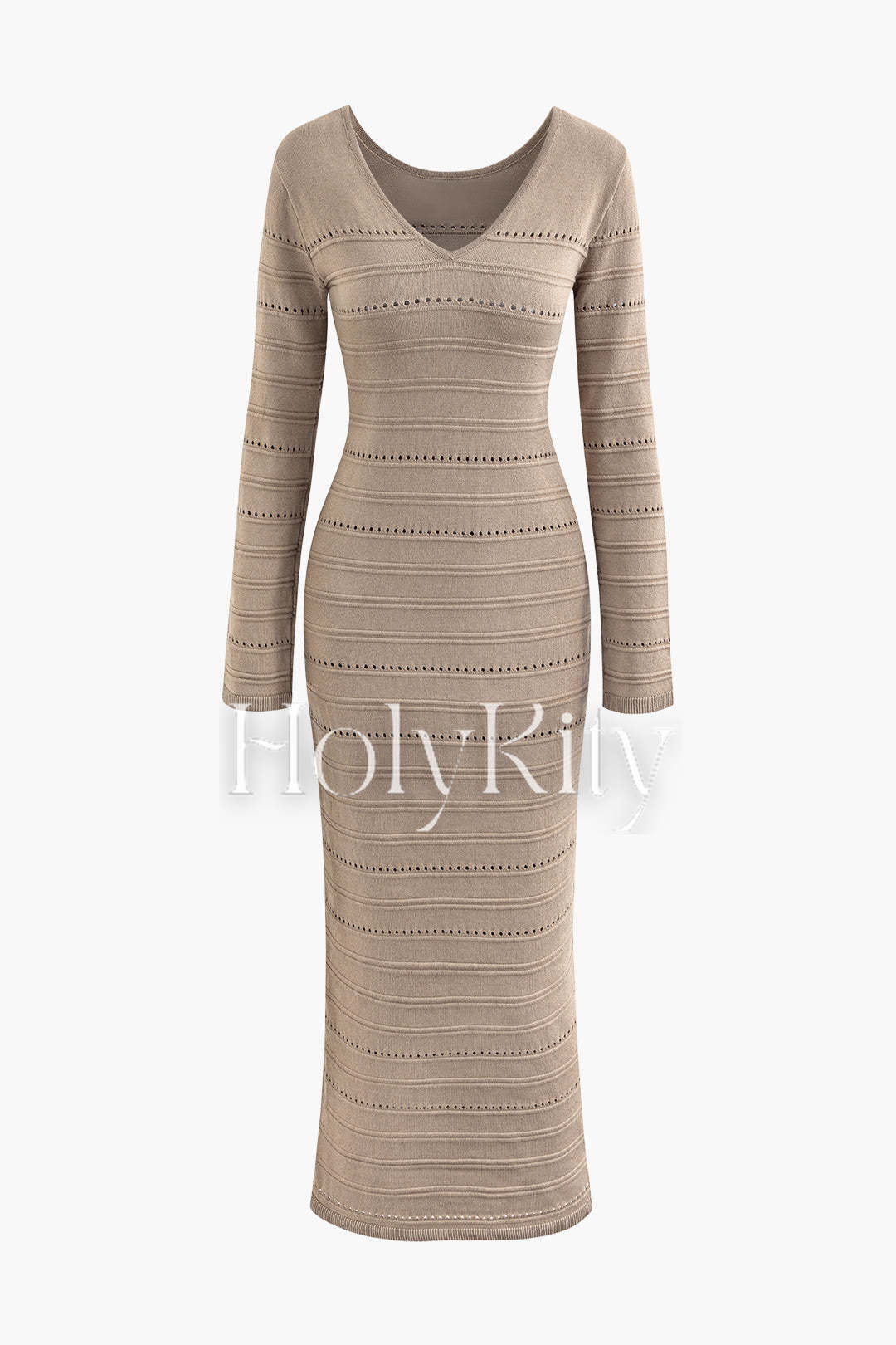 Robe longue à rayures et découpes, col en V, manches longues