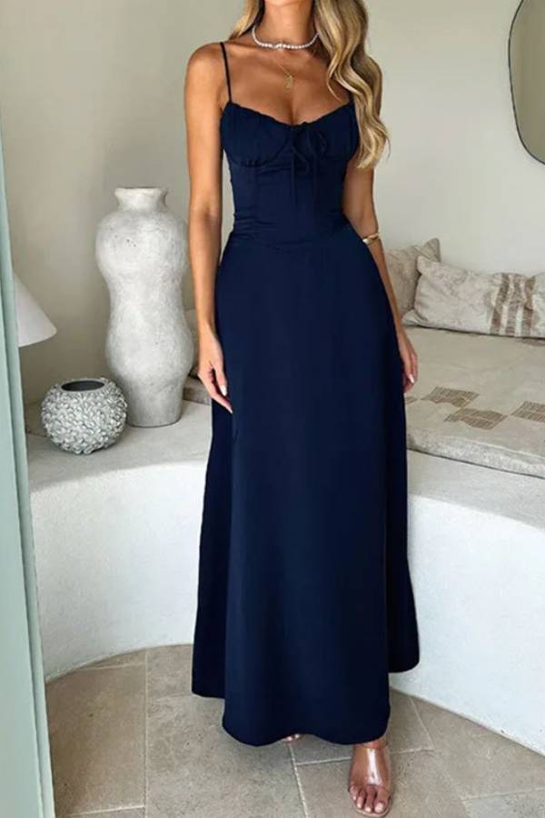 Thin Strap Bust Tie Corset Waist Mermaid Maxi Vacation Dress