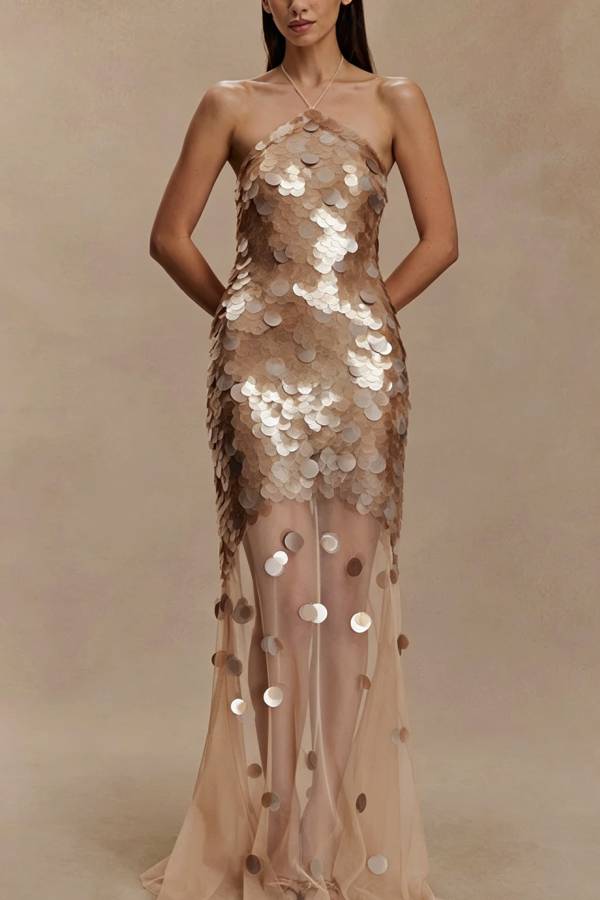 Jenny Hand Sequin Embellished Halter Tulle Hem Maxi Dress