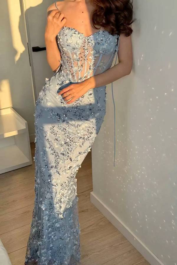 3D Floral Beaded Corset Strap Mermaid Evening Gown