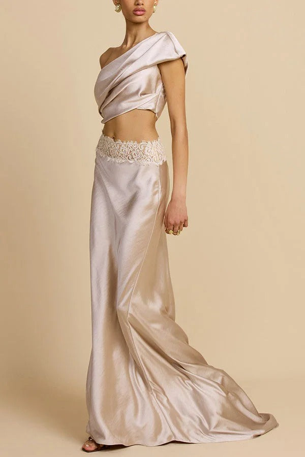 Anaya Satin Asymmetrical Off Shoulder Cropped Top and Lace Trim High Rise Maxi Skirt Set