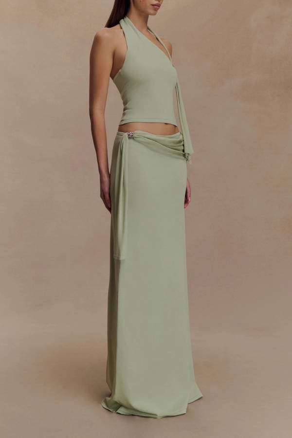 Mint Whisper One-Shoulder Halter Maxi Dress Set