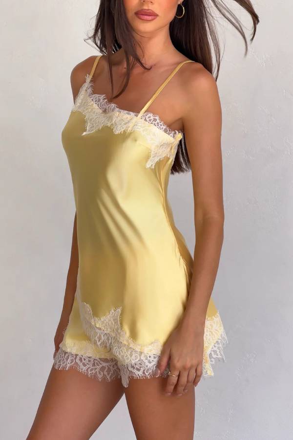 Satin Eyelash Lace Cami Top & Shorts Two Piece Lingerie Pajama Set