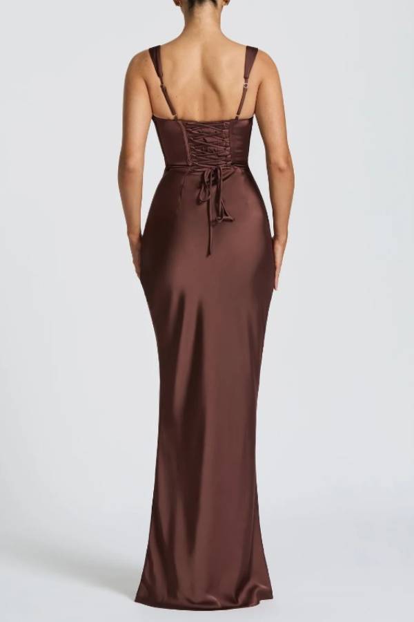 Satin Strap Mermaid Evening Gown with Lace‑Up Back
