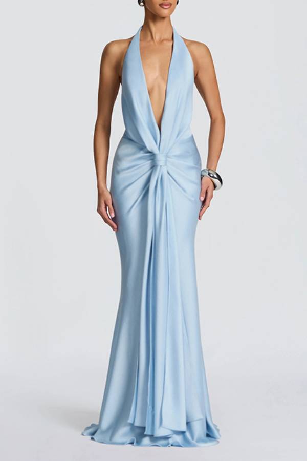 Halter Neck Twisted Knot Deep V Satin Maxi Dress