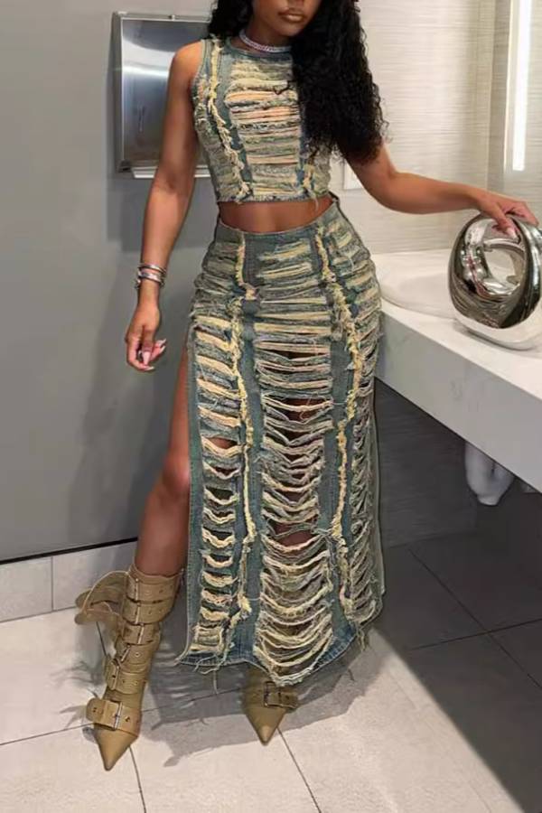 Distressed Sleeveless Top + Slit Long Skirt Two-Piece Set