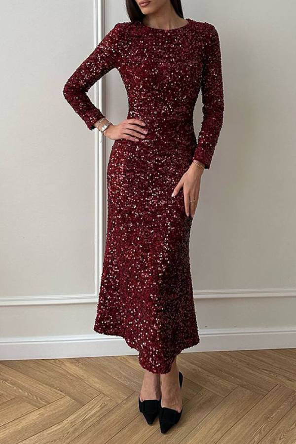 Sequined long-sleeved fishtail midi dress