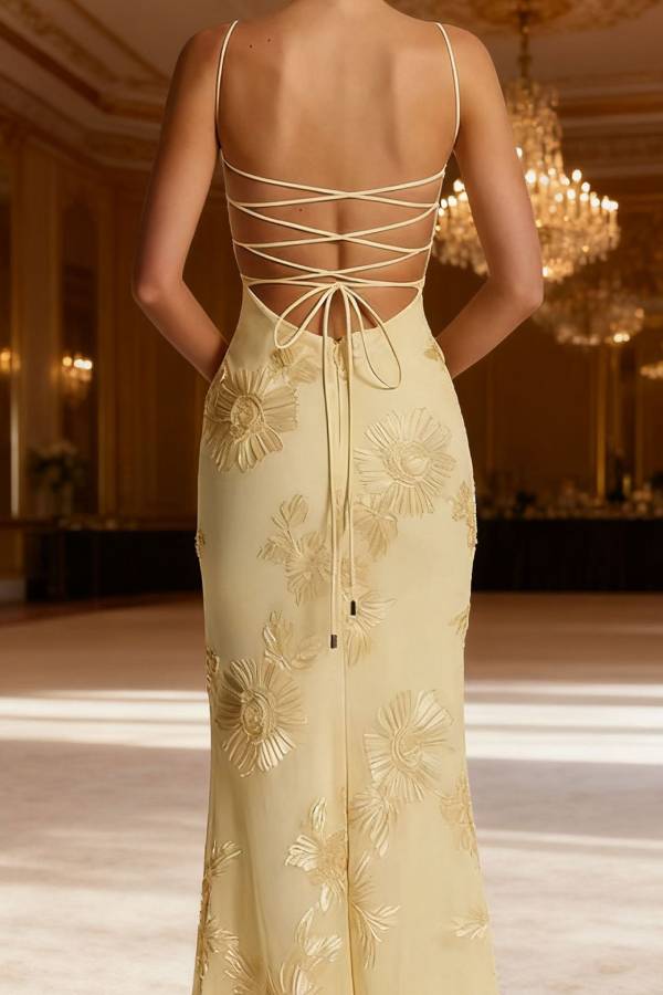 3D Floral Embroidered Lace-Up Backless Mermaid Evening Gown