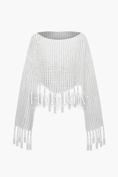 Off-Shoulder Open Knit Fringe Hem Cover-up Top
