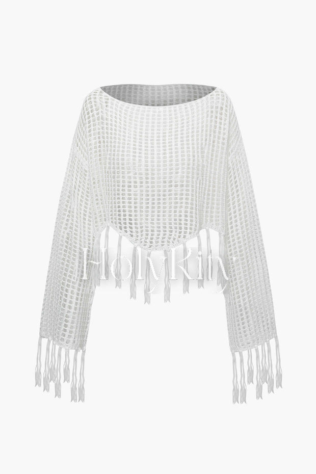 Off-Shoulder Open Knit Fringe Hem Cover-up Top