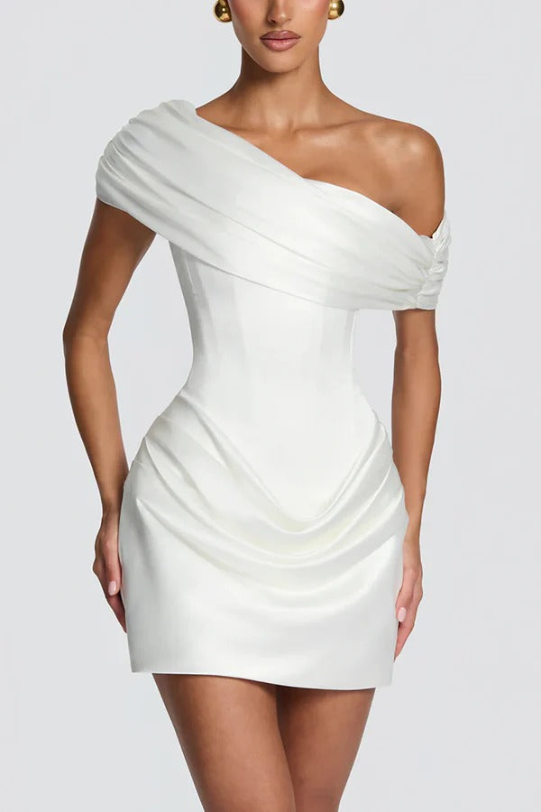Hayden Satin Detachable Asymmetric Off Shoulder Drape Panel Back Lace-up Mini Dress