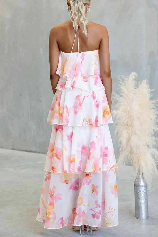 Poetic Eden Chiffon Floral Print Tiered Ruffles Halter A-line Maxi Dress