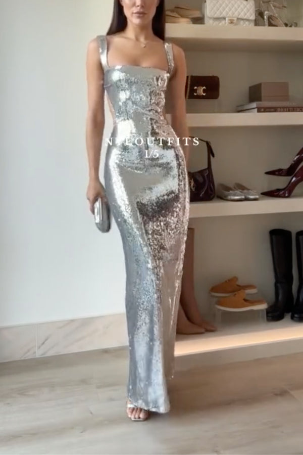 Eye Catching Sequin Cutout Waist Wide Strap Bacakless Maxi Dress