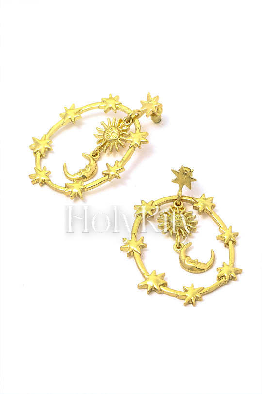 Boucles d'oreilles pendantes Soleil, Étoile et Lune