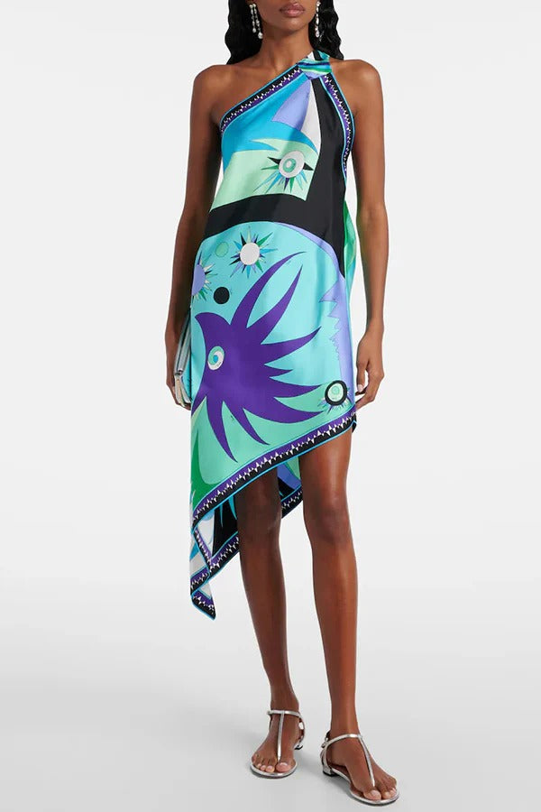 Naughty Lady Satin Unique Print One Shoulder Irregular Hem Vacation Midi Dress