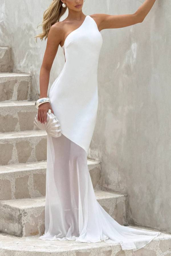 One-Shoulder Open-Back Mermaid Evening Gown