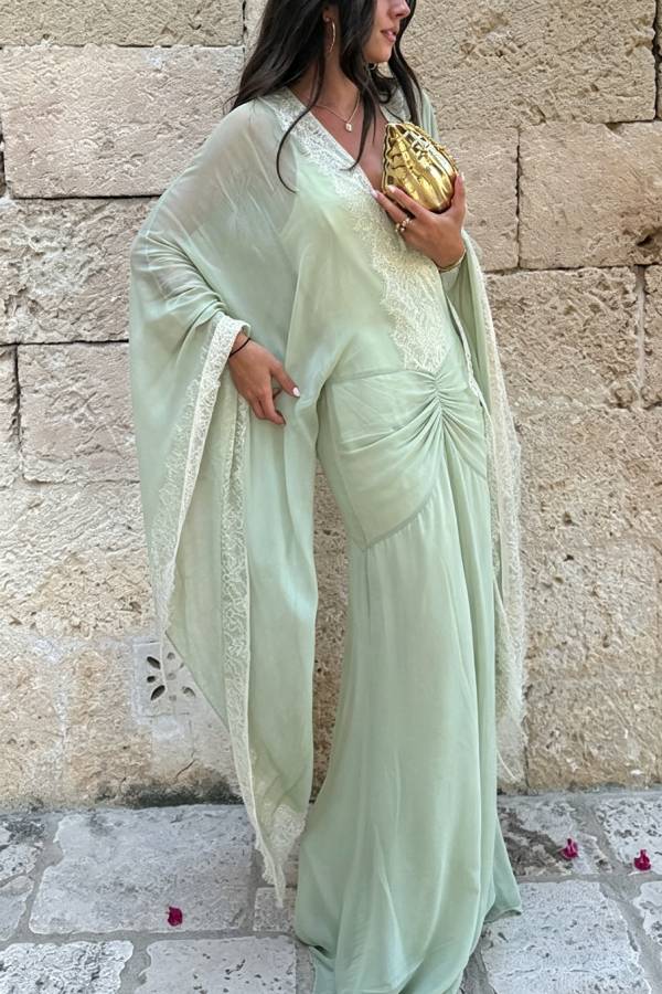 Evita Georgette Lace Trim Kaftan-style Sleeve Ruched Hip Maxi Dress
