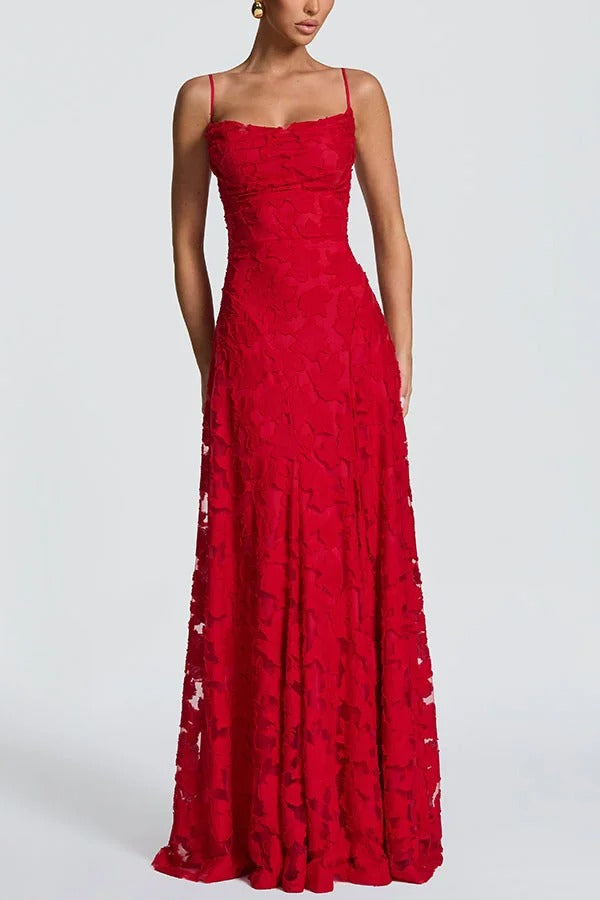 Francis Custom Floral Burnout Fabric Cowl Neck Back Lace-up Maxi Dress