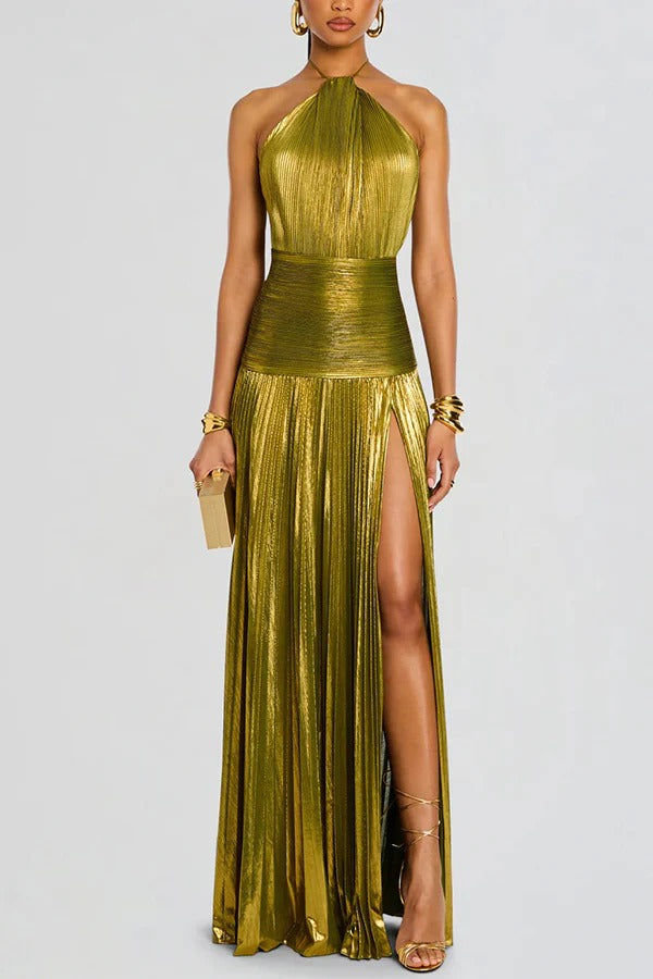 Glamorous Metallic Pleated Fabric Open Back Halter Slit Maxi Dress