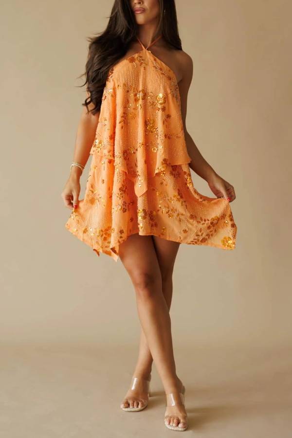 Orange Halter Sequin Beaded Tiered Backless Asymmetrical Hem Mini Dress