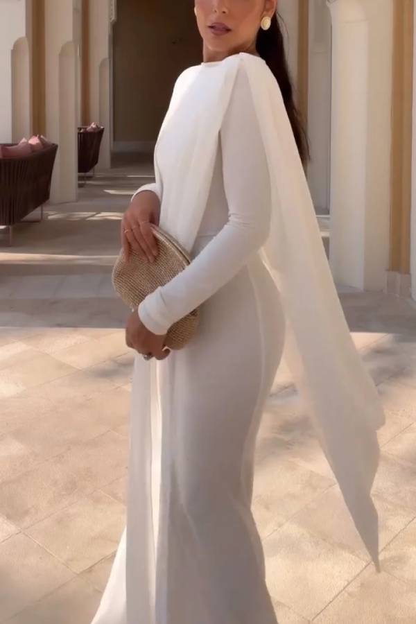 White Long Sleeve Draped Cape Column Maxi Dress for Evening